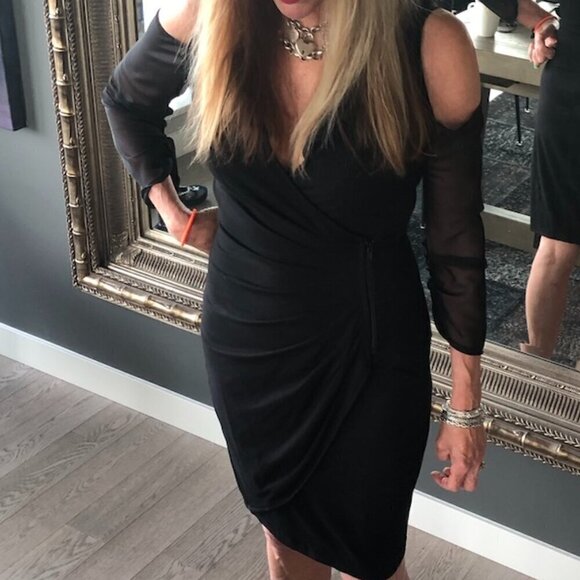 CACHE LBD Cold shoulder collar wrap Midi Dress zipper & gathers Stretch body S - Picture 4 of 15